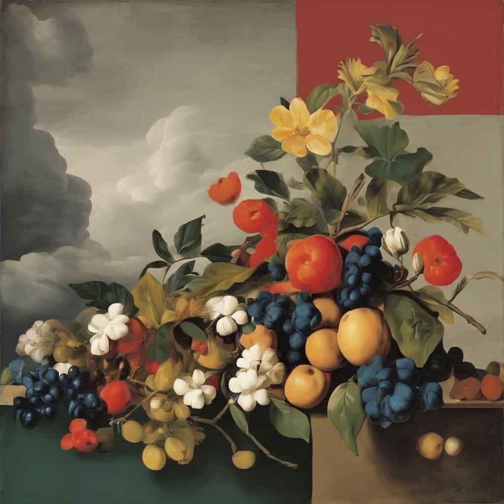 Φωτογραφία από έργο τέχνης με φρούτα και λουλούδια, που επηρεάστηκαν από γνωστούς καλλιτέχνες.