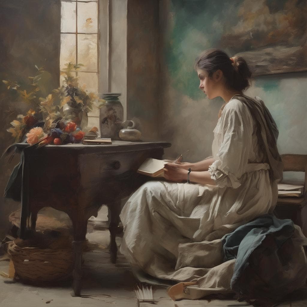 Παραδοσιακή νεαρή γυναίκα που γράφει σε σημειώσεις, σε εσωτερικό χώρο με λουλούδια και βιβλία, εμπνευσμένη από σημαντικούς καλλιτέχνες.