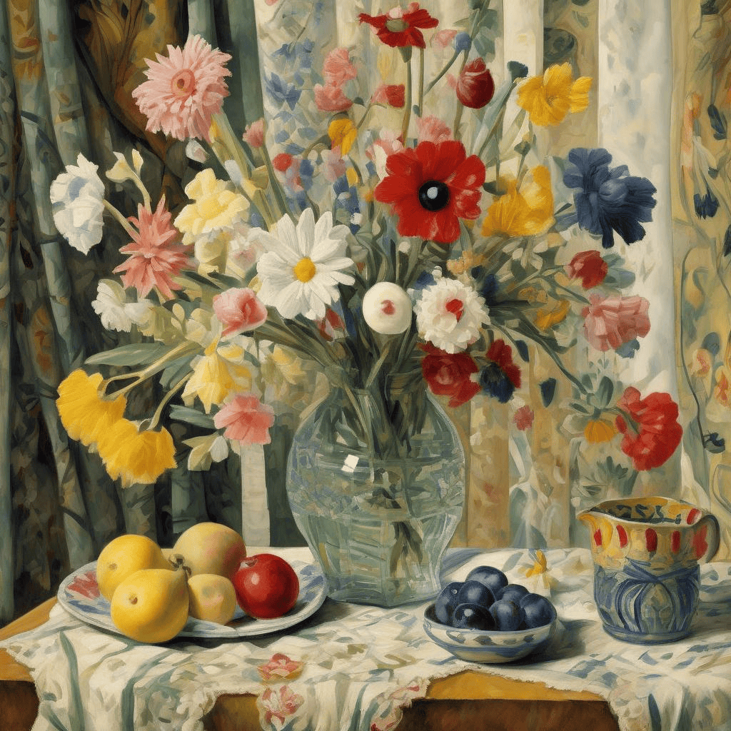 Flowers in a Glass Vase with Abstract Needlework Design – Vanessa Bell